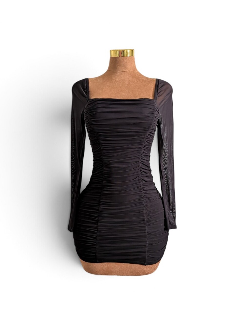 Leith Black Ruched Long-Sleeve Bodycon Mini Dress